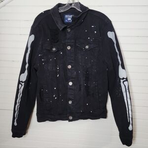 R3BEL Black Denim Skeleton Arm Jacket Distressed Large Unisex